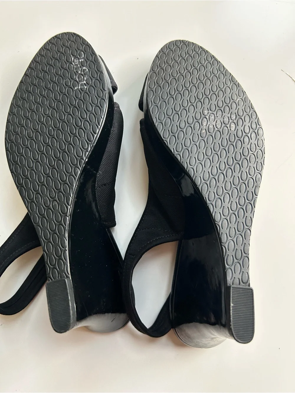 Joan & David Black Wedge HeelPeep-Toe Slingbacks; Microfibre Breathable Straps